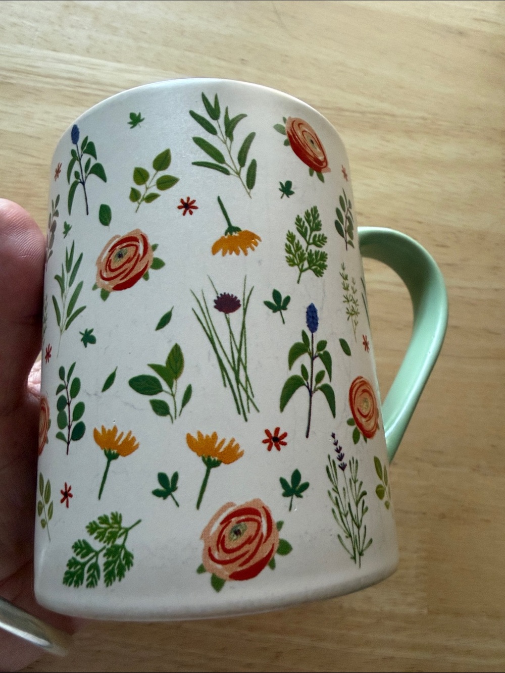 Fringe Studio White Mug with Mint Handle and Multicolor Floral Print